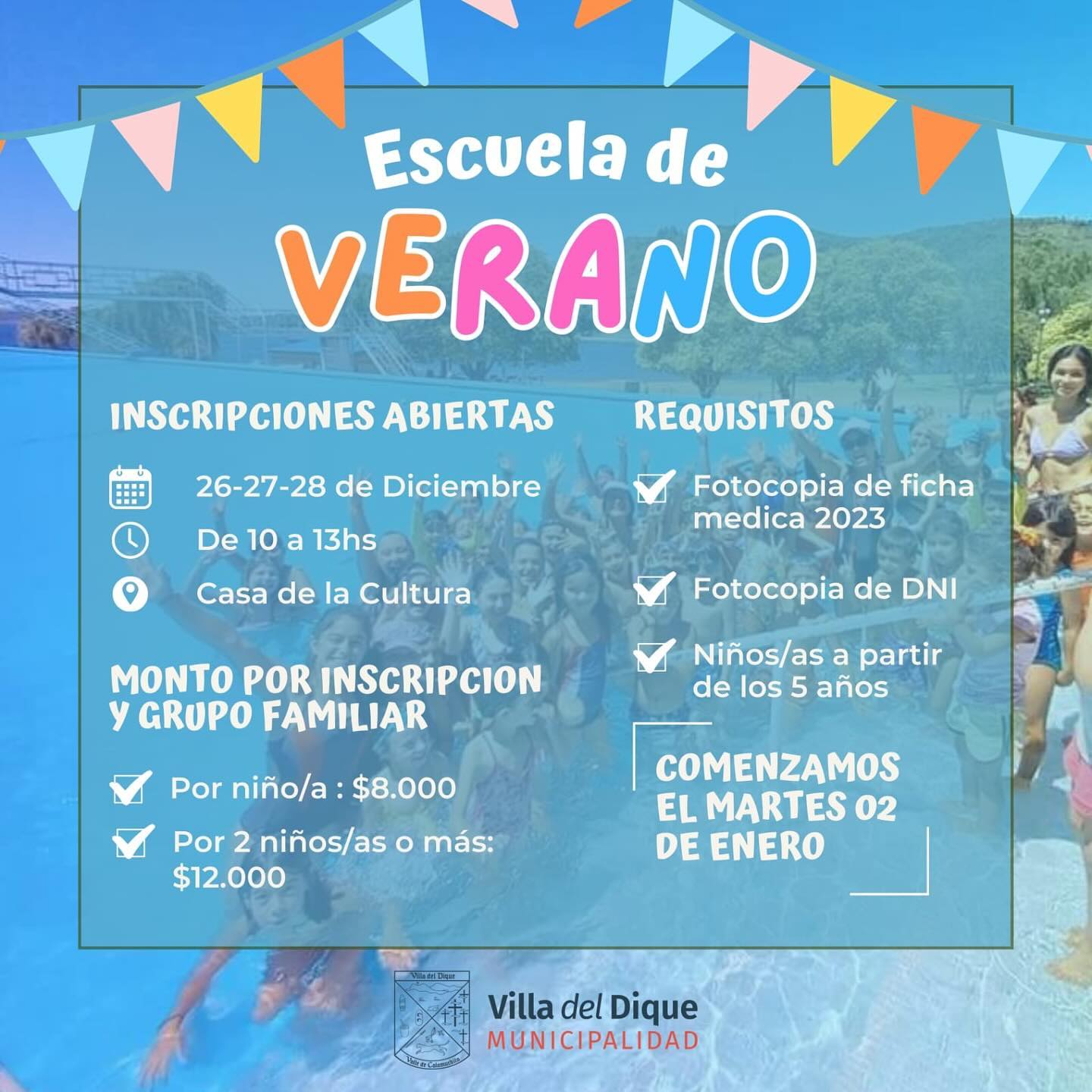 Inscripciones a la Escuela Municipal de Verano de Villa del Dique